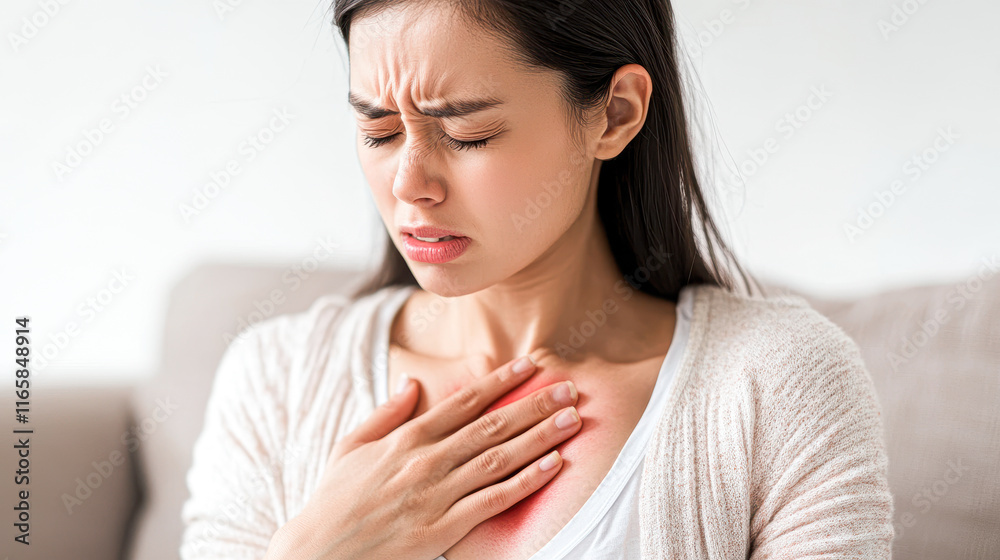 Woman experiencing chest pain at home medical concern emotional environment Woman experiencing chest pain at home medical concern emotional environment