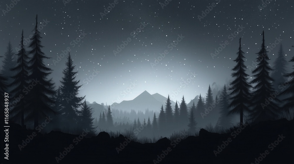 Fototapeta premium Tranquil Night Forest Silhouette Against A Starlit Sky, Framed By Mountains And Misty Horizon. Perfect For Scenic Landscape Photography And Mystical Celestial Exploration Themes.