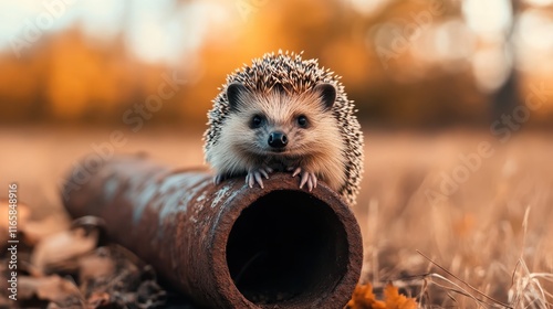 A charming hedgehog peeks from behind a rustic pipe surrounded by fall foliage, showcasing the beauty of nature and wildlife in a serene autumn setting. photo