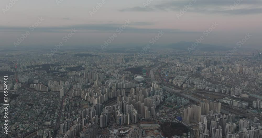 Aerial View of Seoul, South Korea, with Dense Buildings After Sunset, 서울시, 광명시 Aerial View of Seoul, South Korea, with Dense Buildings After Sunset, 서울시, 광명시