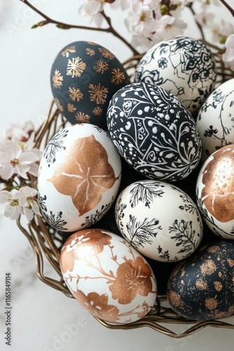 Decorative Easter eggs in a woven basket with floral accents displayed on a l...