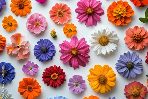 Colorful arrangement of various flowers on a white background showcasing natu...