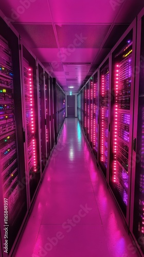 Rows of server racks in a data center illuminated by fluorescent lights