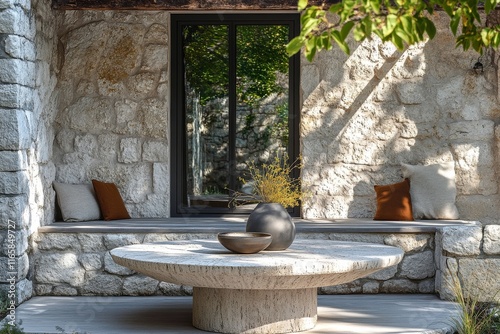 Serene garden seating area with stone table and vibrant flowers at a peaceful...