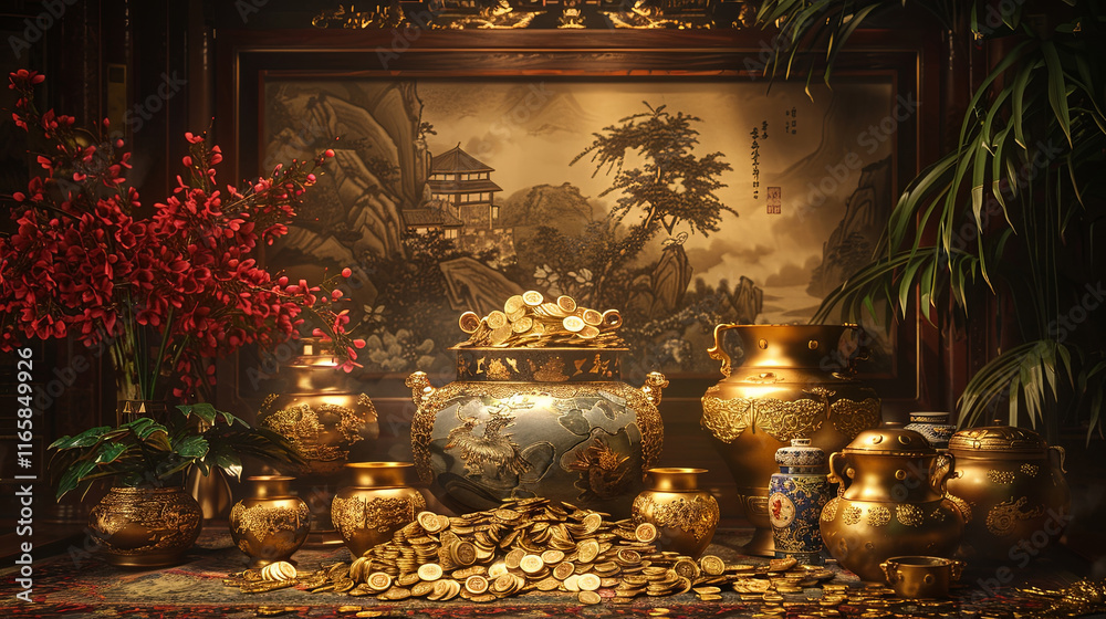 Obraz premium Traditional Chinese golden vases with coins and red floral decor in an elegant setting. Symbol of opulence and fortune.