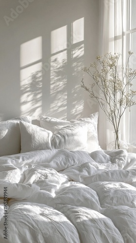 Cozy bright bedroom with natural light and minimalist decor in a serene atmos...
