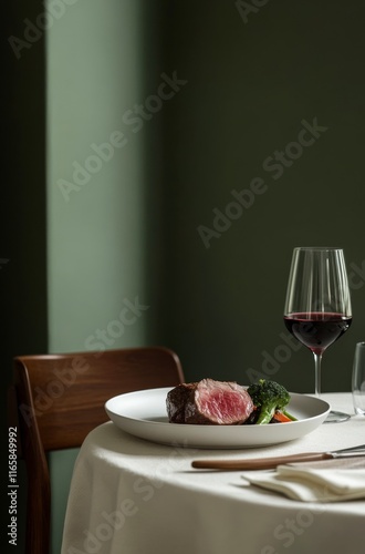 Elegant dining setup with red wine and gourmet dish in a cozy atmosphere
