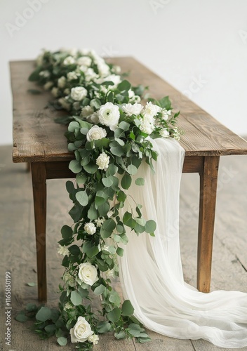 Elegant floral arrangement with greenery and draped fabric on rustic wooden t...