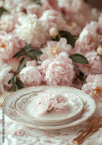 Elegant table setting with delicate flowers for a spring gathering in a warm ...
