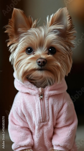Cute small dog wearing a pink hoodie sits indoors looking at the camera