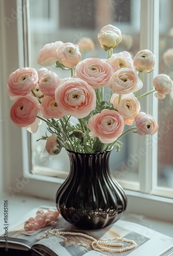 Beautiful arrangement of pink ranunculus flowers in black vase by the window ...
