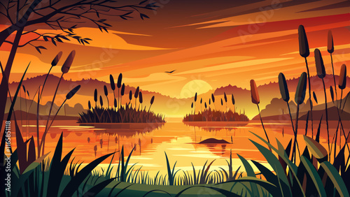 Canvas-taulu A tranquil marshland at dusk, with reeds and cattails silhouetted against a vibr