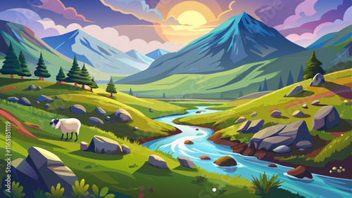 A serene highland meadow with sheep grazing on the grass, a bubbling stream winding through the hills, and mist rolling in from the mountains