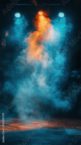 Bright stage lights create a dramatic atmosphere with colorful smoke in an in...
