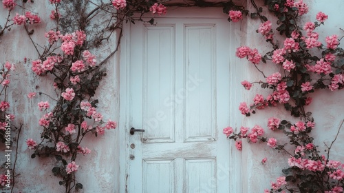 Beautiful pink roses framing a vintage white door in a charming garden setting