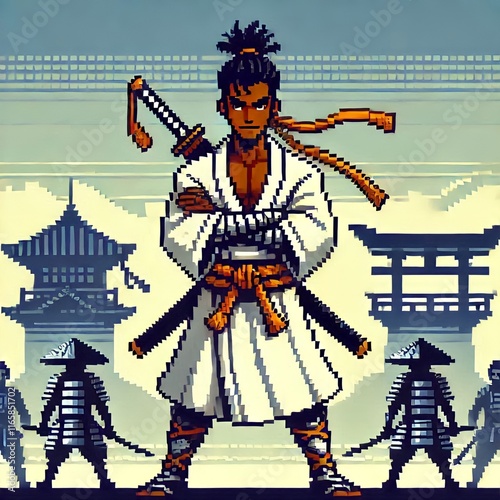 design of fighter wearing martial arts uniform and carrying sword, pixel art photo