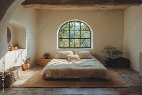 Cozy bedroom with natural light and minimalist decor in an elegant home setting