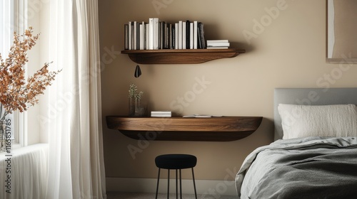 Cozy bedroom with minimalistic decor and natural light in a calm atmosphere