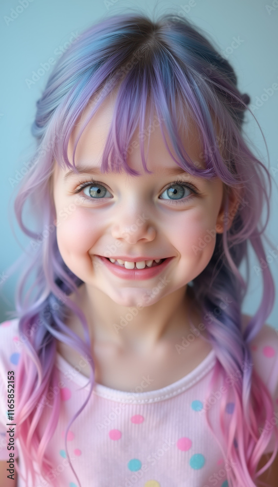 A whimsical little girl with delightful light blue, pink, and lilac hair, showcasing her vibrant character and playful spirit, perfectly embodying the joy of childhood. A whimsical little girl with delightful light blue, pink, and lilac hair, showcasing her vibrant character and playful spirit, perfectly embodying the joy of childhood.