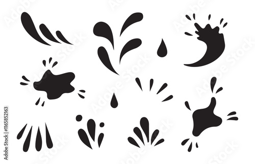 water splash on black vector design set of illustration isolated white background.Black liquid shapes, ink drops, falling watering, cry tears, paint spill, spray, wet circle ripples, aqua splatter ect