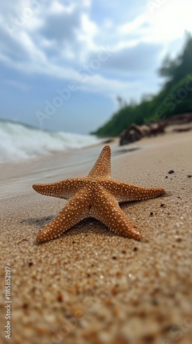 Starfish on sandy beach with ocean waves and cloudy sky during daytime