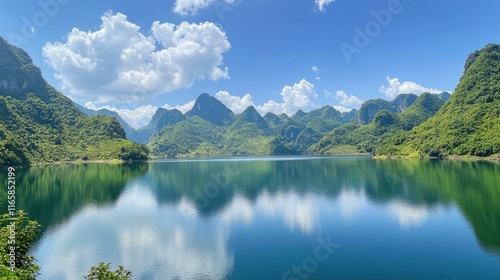 Stunning mountain landscape with serene lake and reflection under bright sky