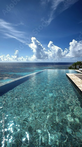 Stunning infinity pool overlooking a clear ocean under bright blue sky during...