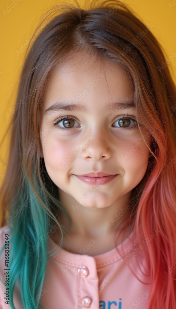 A spirited little girl with sunny rainbow hair, showcasing her vibrant personality and joyful energy through a playful and creative hairstyle, embodying summer fun. A spirited little girl with sunny rainbow hair, showcasing her vibrant personality and joyful energy through a playful and creative hairstyle, embodying summer fun.