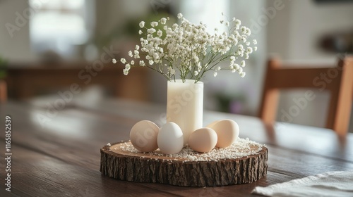 Simple breakfast table setting with eggs and candle surrounded by flowers
