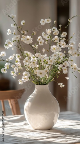 Elegant white flowers in a porcelain vase on a soft background at a serene in...