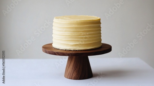 Delicious yellow cake with frosting displayed on wooden stand in bright kitchen photo