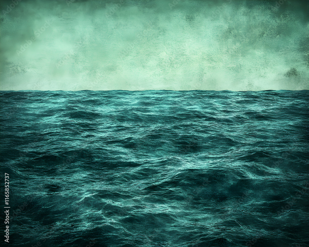 Serene teal ocean waves under a textured sky; atmospheric, moody, and evocative of tranquility and vastness. Perfect for backgrounds or design projects. Serene teal ocean waves under a textured sky; atmospheric, moody, and evocative of tranquility and vastness. Perfect for backgrounds or design projects.
