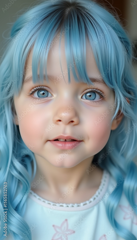 An enchanting little girl with light blue hair, alive with joy and creativity, perfectly portraying the magic of childhood. An enchanting little girl with light blue hair, alive with joy and creativity, perfectly portraying the magic of childhood.