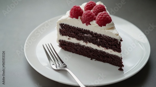 Delicious chocolate cake slice with fresh raspberries on a white plate