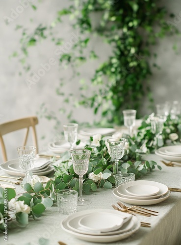 Elegant dining setup with greenery decor at a rustic venue in daytime