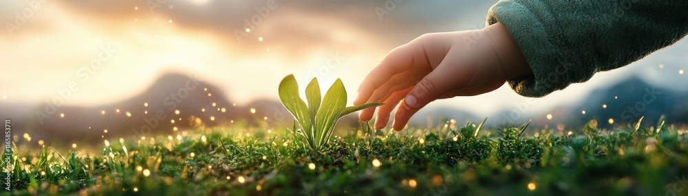 Fototapeta premium Witness the tender moment as A childs hand touching delicate blades of lush grass, each strand bending gracefully, a symbol of new beginnings and nature's gentle touch This image captures the essence