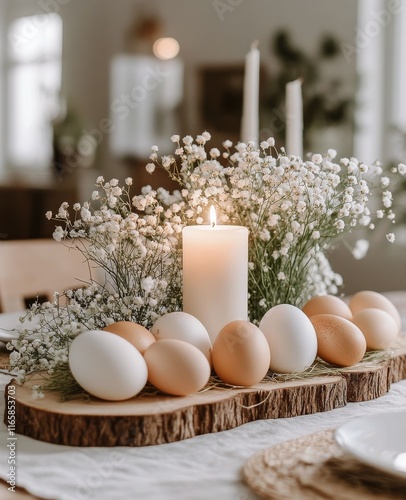 Elegant centerpiece with candles and decorative eggs for a festive table sett...