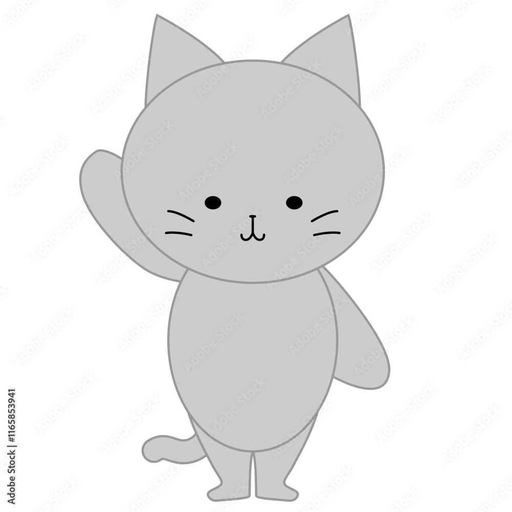 Obraz premium 片手を挙げるかわいい灰色猫のイラスト