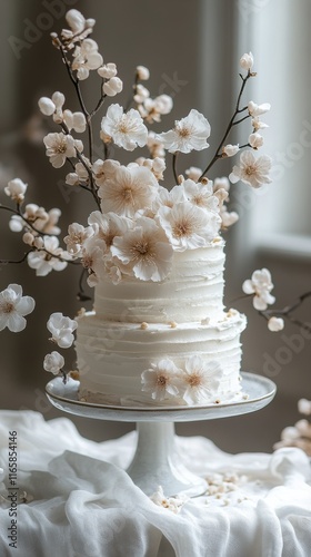 Elegant white wedding cake adorned with roses in a softly lit room