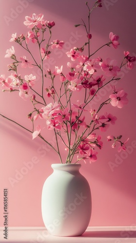 Vibrant pink flowers in white vase against soft pink background
