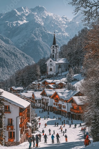 Snow-covered village with church and skiers in the Alps during winter