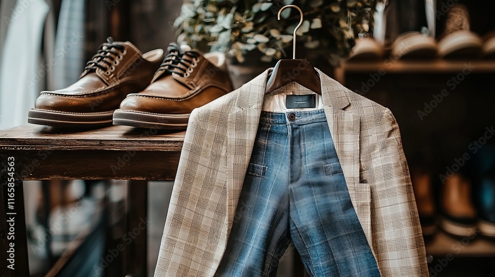 A stylish outfit display featuring a blazer, trousers, and shoes in a boutique setting. A stylish outfit display featuring a blazer, trousers, and shoes in a boutique setting.