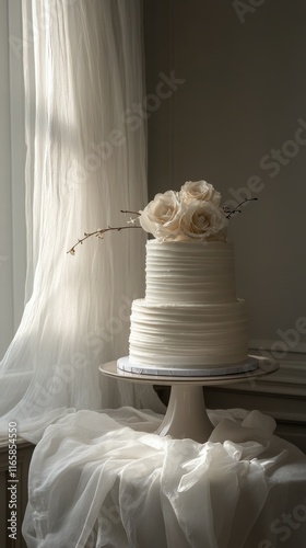 Elegant white wedding cake adorned with roses in a softly lit room