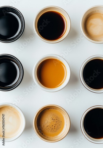 Various coffee drinks displayed in ceramic cups on a white surface