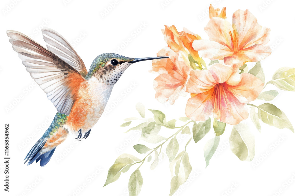 Fototapeta premium Graceful Hummingbird Hovering Near Flowers Isolated on Transparent Background