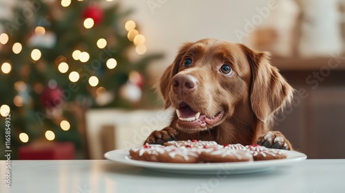 A joyful dog eagerly gazes at a plate of cookies in a warm, festive space, capturing the essence of companionship and holiday cheer during the festive season. photo