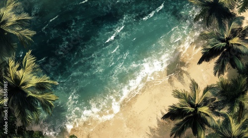 Tropical beach with waves crashing on sand and palm trees under a clear sky