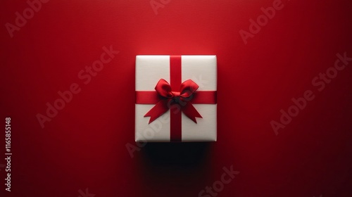 Elegant gift box with red ribbon on vibrant red background inspires joy and c...
