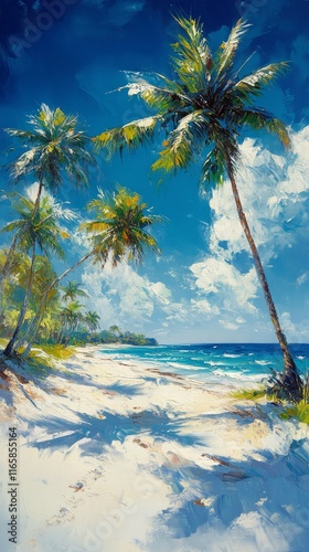 Beautiful tropical beach with palm trees under a vibrant blue sky and fluffy ...