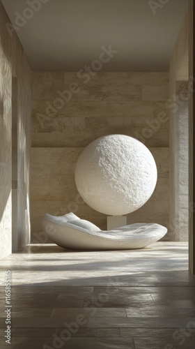 Modern interior design featuring a sculptural white sphere and organic-shaped...